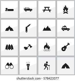 Set Of 16 Editable Trip Icons. Includes Symbols Such As Sport Vehicle, Field Glasses, Gait And More. Can Be Used For Web, Mobile, UI And Infographic Design.