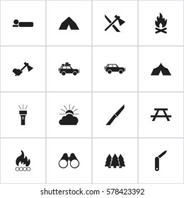 Set Of 16 Editable Trip Icons. Includes Symbols Such As Ax, Tomahawk, Lantern And More. Can Be Used For Web, Mobile, UI And Infographic Design.