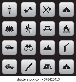 Set Of 16 Editable Trip Icons. Includes Symbols Such As Blaze, Desk, Tomahawk And More. Can Be Used For Web, Mobile, UI And Infographic Design.