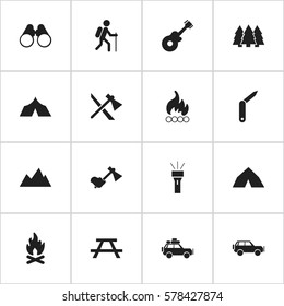 Set Of 16 Editable Trip Icons. Includes Symbols Such As Tepee, Clasp-Knife, Musical Instrument And More. Can Be Used For Web, Mobile, UI And Infographic Design.