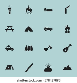 Set Of 16 Editable Trip Icons. Includes Symbols Such As Knife, Lantern, Sunrise And More. Can Be Used For Web, Mobile, UI And Infographic Design.