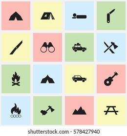 Set Of 16 Editable Trip Icons. Includes Symbols Such As Shelter, Field Glasses, Bedroll And More. Can Be Used For Web, Mobile, UI And Infographic Design.