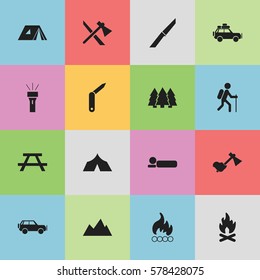 Set Of 16 Editable Trip Icons. Includes Symbols Such As Pine, Lantern, Bedroll And More. Can Be Used For Web, Mobile, UI And Infographic Design.