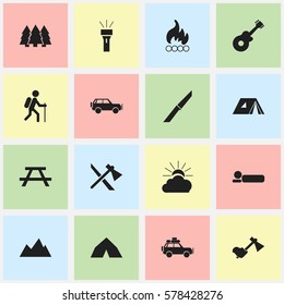 Set Of 16 Editable Trip Icons. Includes Symbols Such As Tepee, Sunrise, Ax And More. Can Be Used For Web, Mobile, UI And Infographic Design.