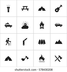 Set Of 16 Editable Trip Icons. Includes Symbols Such As Refuge, Tepee, Blaze And More. Can Be Used For Web, Mobile, UI And Infographic Design.