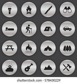 Set Of 16 Editable Trip Icons. Includes Symbols Such As Peak, Knife, Sport Vehicle And More. Can Be Used For Web, Mobile, UI And Infographic Design.