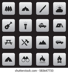 Set Of 16 Editable Trip Icons. Includes Symbols Such As Refuge, Pine, Musical Instrument And More. Can Be Used For Web, Mobile, UI And Infographic Design.