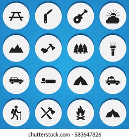 Set Of 16 Editable Trip Icons. Includes Symbols Such As Clasp-Knife, Lantern, Sunrise And More. Can Be Used For Web, Mobile, UI And Infographic Design.