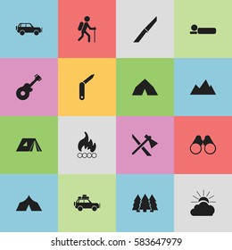 Set Of 16 Editable Trip Icons. Includes Symbols Such As Gait, Knife, Tomahawk And More. Can Be Used For Web, Mobile, UI And Infographic Design.