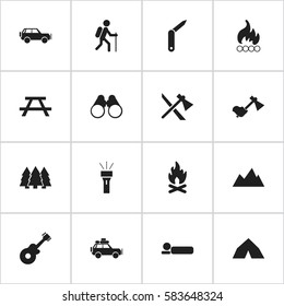 Set Of 16 Editable Trip Icons. Includes Symbols Such As Sport Vehicle, Desk, Gait And More. Can Be Used For Web, Mobile, UI And Infographic Design.