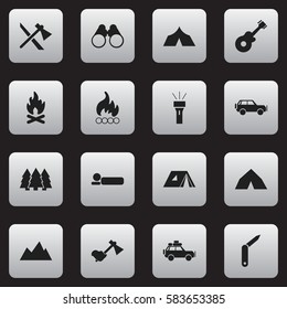 Set Of 16 Editable Trip Icons. Includes Symbols Such As Voyage Car, Pine, Clasp-Knife And More. Can Be Used For Web, Mobile, UI And Infographic Design.