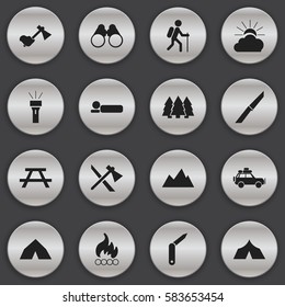 Set Of 16 Editable Trip Icons. Includes Symbols Such As Desk, Tepee, Clasp-Knife And More. Can Be Used For Web, Mobile, UI And Infographic Design.