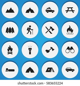 Set Of 16 Editable Trip Icons. Includes Symbols Such As Pine, Tepee, Bedroll And More. Can Be Used For Web, Mobile, UI And Infographic Design.