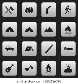 Set Of 16 Editable Trip Icons. Includes Symbols Such As Pine, Fever, Knife And More. Can Be Used For Web, Mobile, UI And Infographic Design.