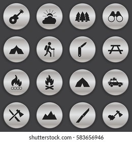Set Of 16 Editable Trip Icons. Includes Symbols Such As Voyage Car, Ax, Peak And More. Can Be Used For Web, Mobile, UI And Infographic Design.