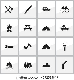 Set Of 16 Editable Trip Icons. Includes Symbols Such As Pine, Ax, Peak And More. Can Be Used For Web, Mobile, UI And Infographic Design.