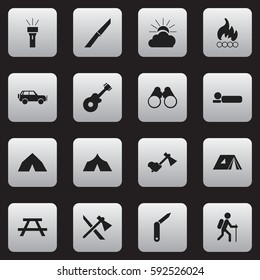 Set Of 16 Editable Trip Icons. Includes Symbols Such As Tomahawk, Desk, Shelter And More. Can Be Used For Web, Mobile, UI And Infographic Design.