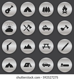 Set Of 16 Editable Trip Icons. Includes Symbols Such As Tomahawk, Pine, Peak And More. Can Be Used For Web, Mobile, UI And Infographic Design.