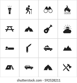 Set Of 16 Editable Trip Icons. Includes Symbols Such As Voyage Car, Clasp-Knife, Bedroll And More. Can Be Used For Web, Mobile, UI And Infographic Design.