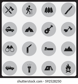 Set Of 16 Editable Trip Icons. Includes Symbols Such As Fever, Gait, Shelter And More. Can Be Used For Web, Mobile, UI And Infographic Design.