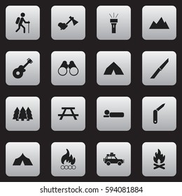 Set Of 16 Editable Trip Icons. Includes Symbols Such As Clasp-Knife, Lantern, Voyage Car And More. Can Be Used For Web, Mobile, UI And Infographic Design.