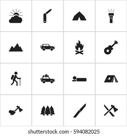 Set Of 16 Editable Trip Icons. Includes Symbols Such As Sport Vehicle, Tomahawk, Lantern And More. Can Be Used For Web, Mobile, UI And Infographic Design.