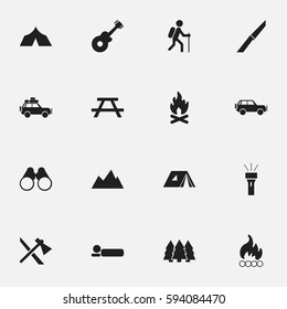 Set Of 16 Editable Trip Icons. Includes Symbols Such As Pine, Knife, Fever And More. Can Be Used For Web, Mobile, UI And Infographic Design.
