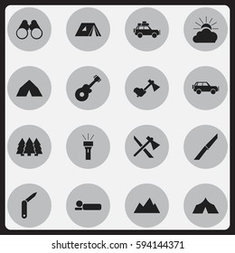 Set Of 16 Editable Trip Icons. Includes Symbols Such As Bedroll, Field Glasses, Musical Instrument And More. Can Be Used For Web, Mobile, UI And Infographic Design.