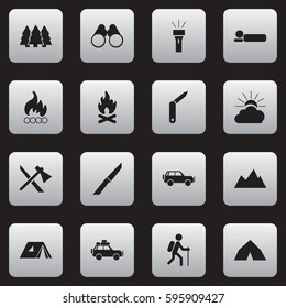 Set Of 16 Editable Trip Icons. Includes Symbols Such As Sunrise, Peak, Bedroll And More. Can Be Used For Web, Mobile, UI And Infographic Design.