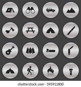 Set Of 16 Editable Trip Icons. Includes Symbols Such As Musical Instrument, Shelter, Gait And More. Can Be Used For Web, Mobile, UI And Infographic Design.