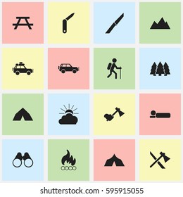 Set Of 16 Editable Trip Icons. Includes Symbols Such As Gait, Peak, Sport Vehicle And More. Can Be Used For Web, Mobile, UI And Infographic Design.
