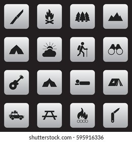 Set Of 16 Editable Trip Icons. Includes Symbols Such As Knife, Musical Instrument, Bedroll And More. Can Be Used For Web, Mobile, UI And Infographic Design.
