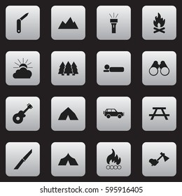 Set Of 16 Editable Trip Icons. Includes Symbols Such As Sunrise, Tepee, Lantern And More. Can Be Used For Web, Mobile, UI And Infographic Design.