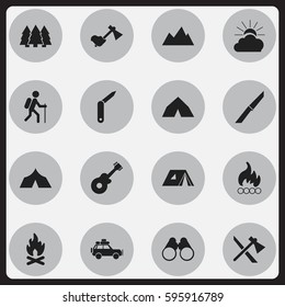 Set Of 16 Editable Trip Icons. Includes Symbols Such As Clasp-Knife, Sunrise, Pine And More. Can Be Used For Web, Mobile, UI And Infographic Design.