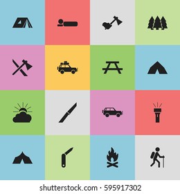 Set Of 16 Editable Trip Icons. Includes Symbols Such As Lantern, Knife, Tomahawk And More. Can Be Used For Web, Mobile, UI And Infographic Design.