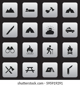 Set Of 16 Editable Trip Icons. Includes Symbols Such As Sunrise, Blaze, Bedroll And More. Can Be Used For Web, Mobile, UI And Infographic Design.
