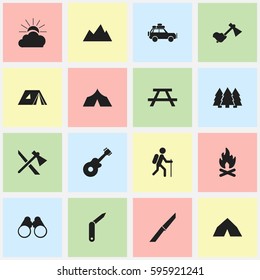 Set Of 16 Editable Trip Icons. Includes Symbols Such As Peak, Fever, Ax And More. Can Be Used For Web, Mobile, UI And Infographic Design.