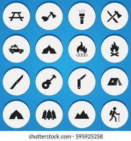 Set Of 16 Editable Trip Icons. Includes Symbols Such As Lantern, Refuge, Gait And More. Can Be Used For Web, Mobile, UI And Infographic Design.