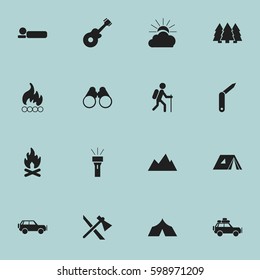 Set Of 16 Editable Trip Icons. Includes Symbols Such As Clasp-Knife, Lantern, Field Glasses And More. Can Be Used For Web, Mobile, UI And Infographic Design.