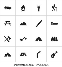 Set Of 16 Editable Trip Icons. Includes Symbols Such As Bedroll, Tomahawk, Shelter And More. Can Be Used For Web, Mobile, UI And Infographic Design.