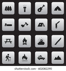 Set Of 16 Editable Trip Icons. Includes Symbols Such As Ax, Pine, Knife And More. Can Be Used For Web, Mobile, UI And Infographic Design.