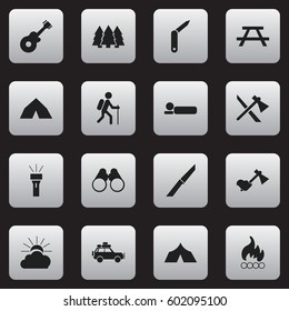 Set Of 16 Editable Trip Icons. Includes Symbols Such As Sunrise, Tomahawk, Tepee And More. Can Be Used For Web, Mobile, UI And Infographic Design.