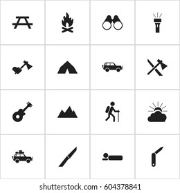 Set Of 16 Editable Trip Icons. Includes Symbols Such As Musical Instrument, Sport Vehicle, Sunrise And More. Can Be Used For Web, Mobile, UI And Infographic Design.