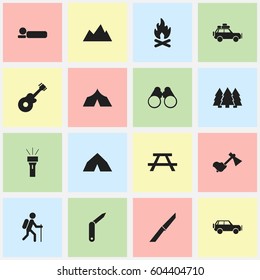 Set Of 16 Editable Trip Icons. Includes Symbols Such As Refuge, Field Glasses, Sport Vehicle And More. Can Be Used For Web, Mobile, UI And Infographic Design.
