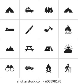 Set Of 16 Editable Trip Icons. Includes Symbols Such As Pine, Tepee, Bedroll And More. Can Be Used For Web, Mobile, UI And Infographic Design.