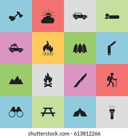 Set Of 16 Editable Trip Icons. Includes Symbols Such As Knife, Gait, Bedroll And More. Can Be Used For Web, Mobile, UI And Infographic Design.