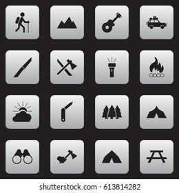 Set Of 16 Editable Trip Icons. Includes Symbols Such As Ax, Lantern, Refuge And More. Can Be Used For Web, Mobile, UI And Infographic Design.