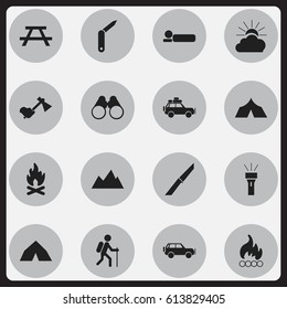 Set Of 16 Editable Trip Icons. Includes Symbols Such As Knife, Clasp-Knife, Voyage Car And More. Can Be Used For Web, Mobile, UI And Infographic Design.