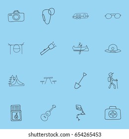 Set Of 16 Editable Trip Icons. Includes Symbols Such As Medical Kit, Flammable Stick, Campfire Cooking And More. Can Be Used For Web, Mobile, UI And Infographic Design.