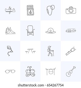 Set Of 16 Editable Trip Icons. Includes Symbols Such As Eyeglasses, Campfire Cooking, Flashlight And More. Can Be Used For Web, Mobile, UI And Infographic Design.